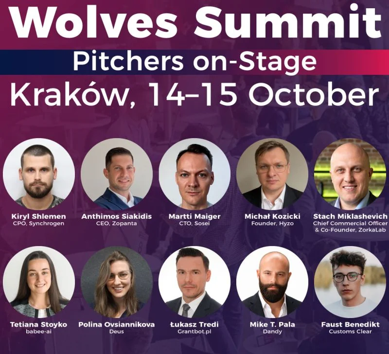 Wolves Summit announcement of the first batch of 10 founders pitching on stage in Kraków, 14–15 October, including Martti Mäger, CTO of SOSEI